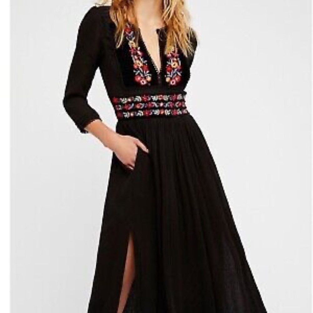 Free People Black Midi Dress with Floral Embroidery